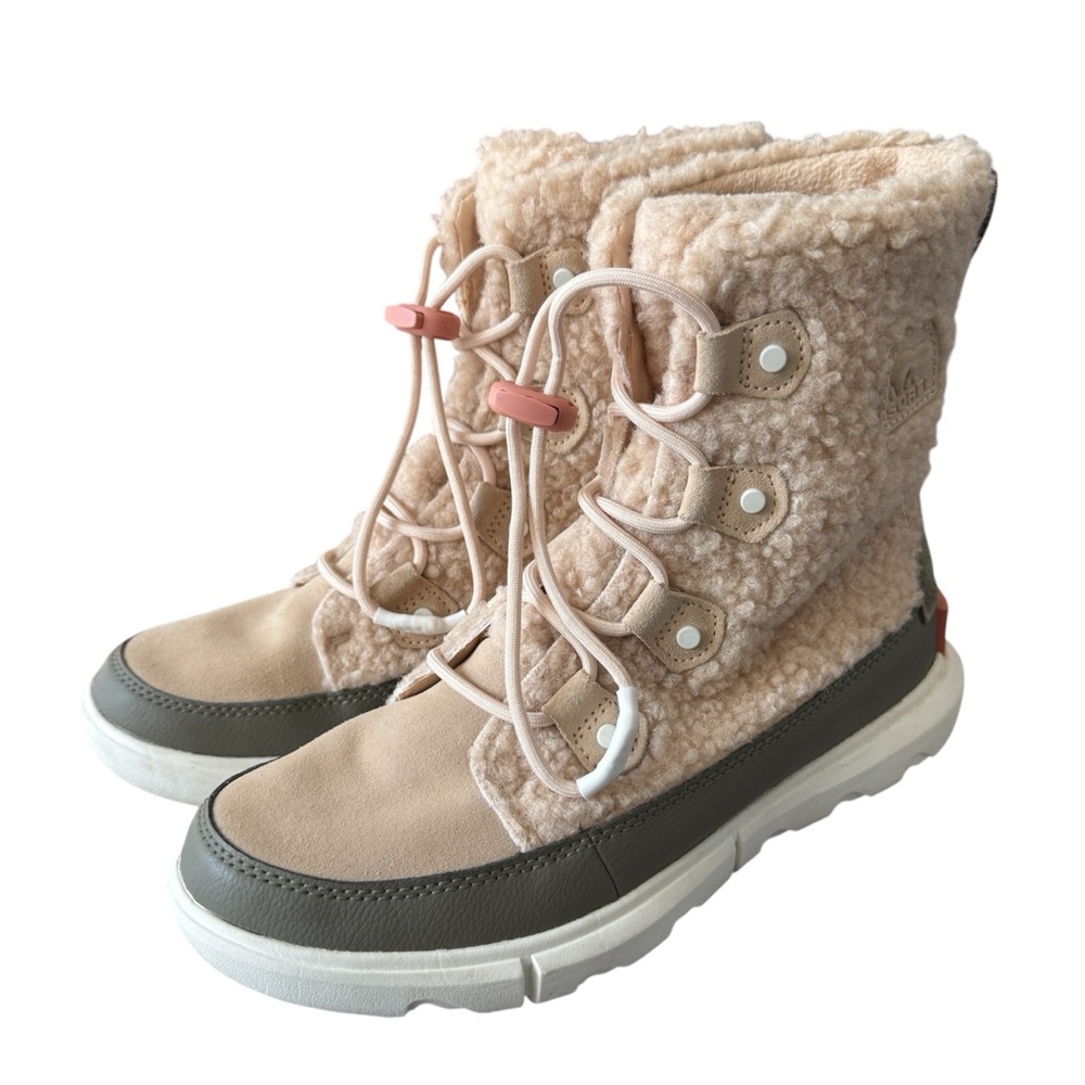 Sorel Youth Explorer II Joan Cozy Sherpa Lace Up Winter Boot Natural Green Sz 6